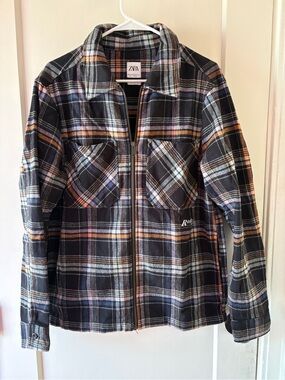 Zara Black Plaid Zip-Up Jacket with Orange & Light Blue Accents